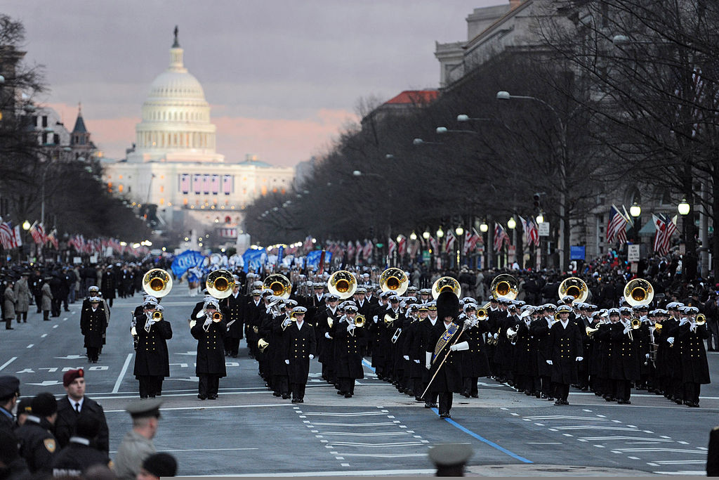 U.S. Navy Band marches on Pennsylvania Avenue during the presidential inauguration parade in Washington, D.C., Jan. 21, 2013