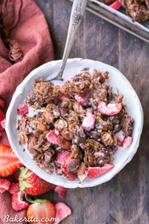 bowl of chocolate strawberry granola with yogurt