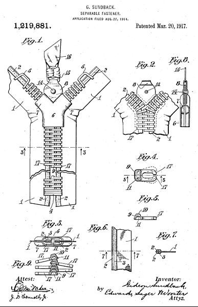 SUNDBACK patent application for modern day zipper